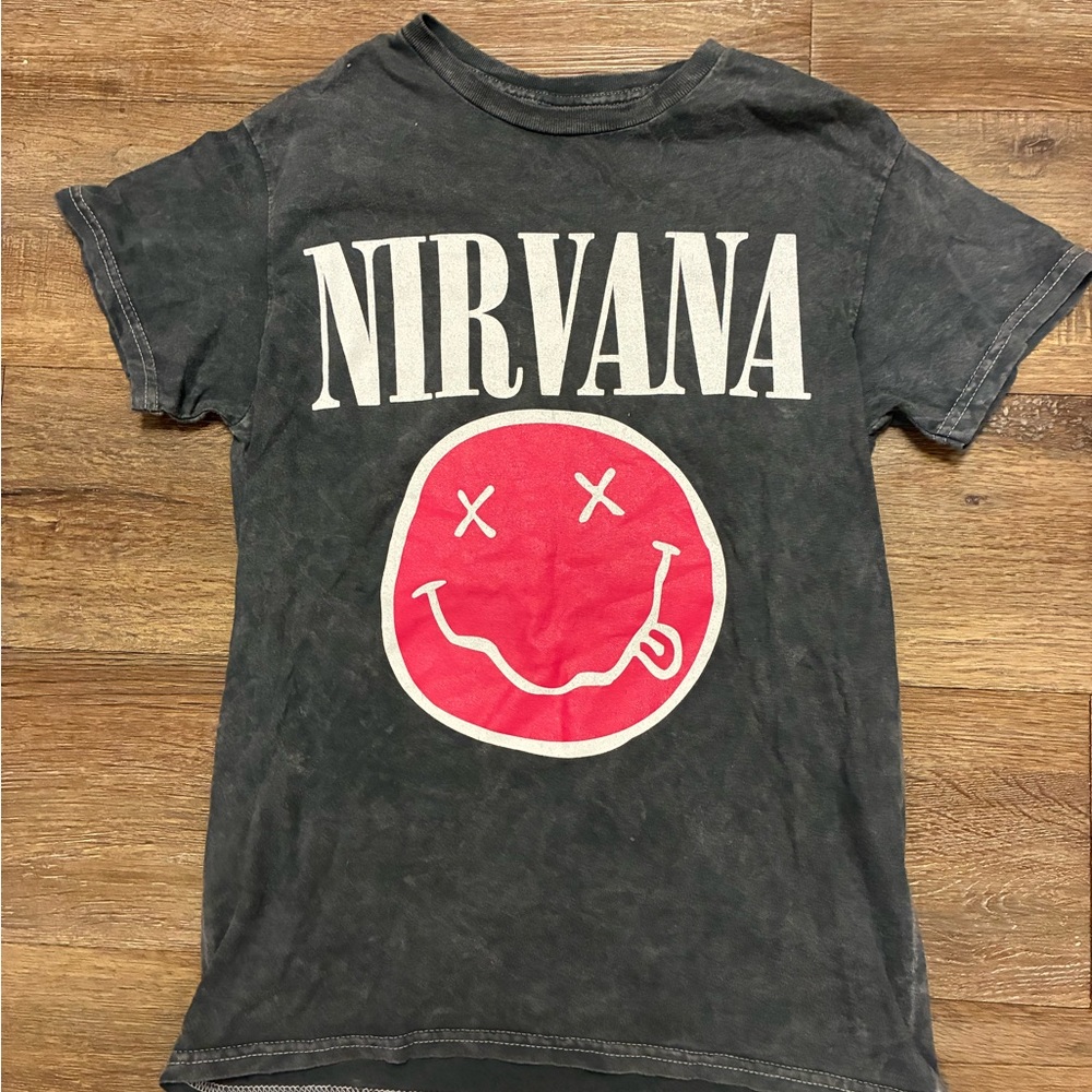 NIRVANA Charcoal Grey Tee with HOT PINK Smiley Graphic